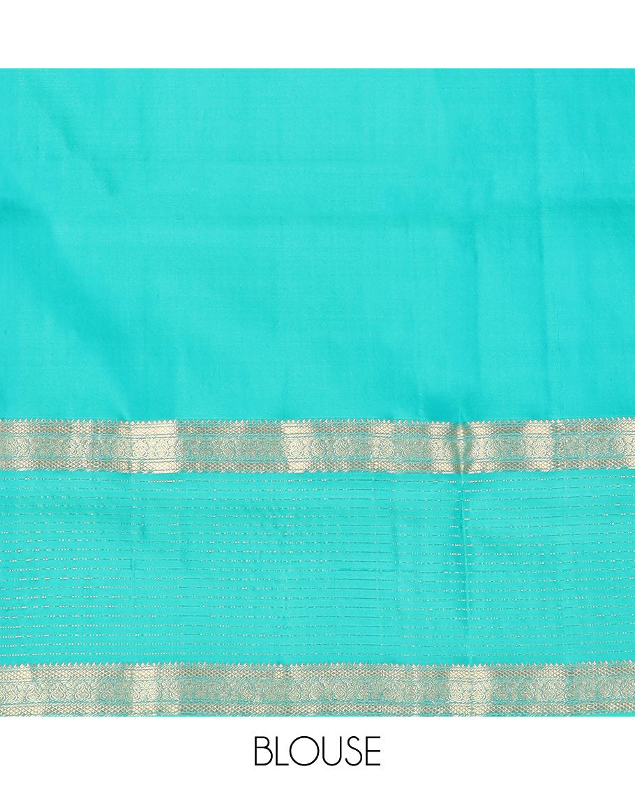 Parrot green zari buttas soft silk saree, contrast zari checked border of thilakam, banaras, mayil kann & mayil designs & geometric motifs enclosed checked pallu
