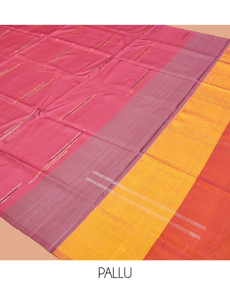 Borderless Pink Mayuri Soft Silk Saree, Woven with Geometric Buttas, Contrast Tri-Color Pallu, and a Matching Blouse