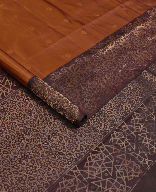 Brown flower buttas soft silk saree, contrast border and pallu with zari woven floral and butterfly motifs