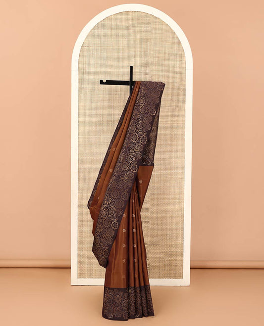 Brown flower buttas soft silk saree, contrast border and pallu with zari woven floral and butterfly motifs