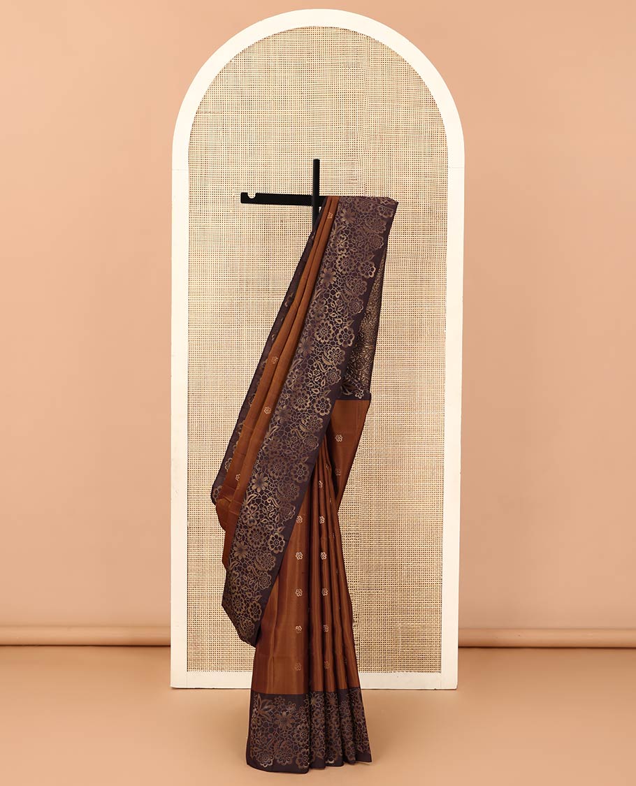 Brown flower buttas soft silk saree, contrast border and pallu with zari woven floral and butterfly motifs