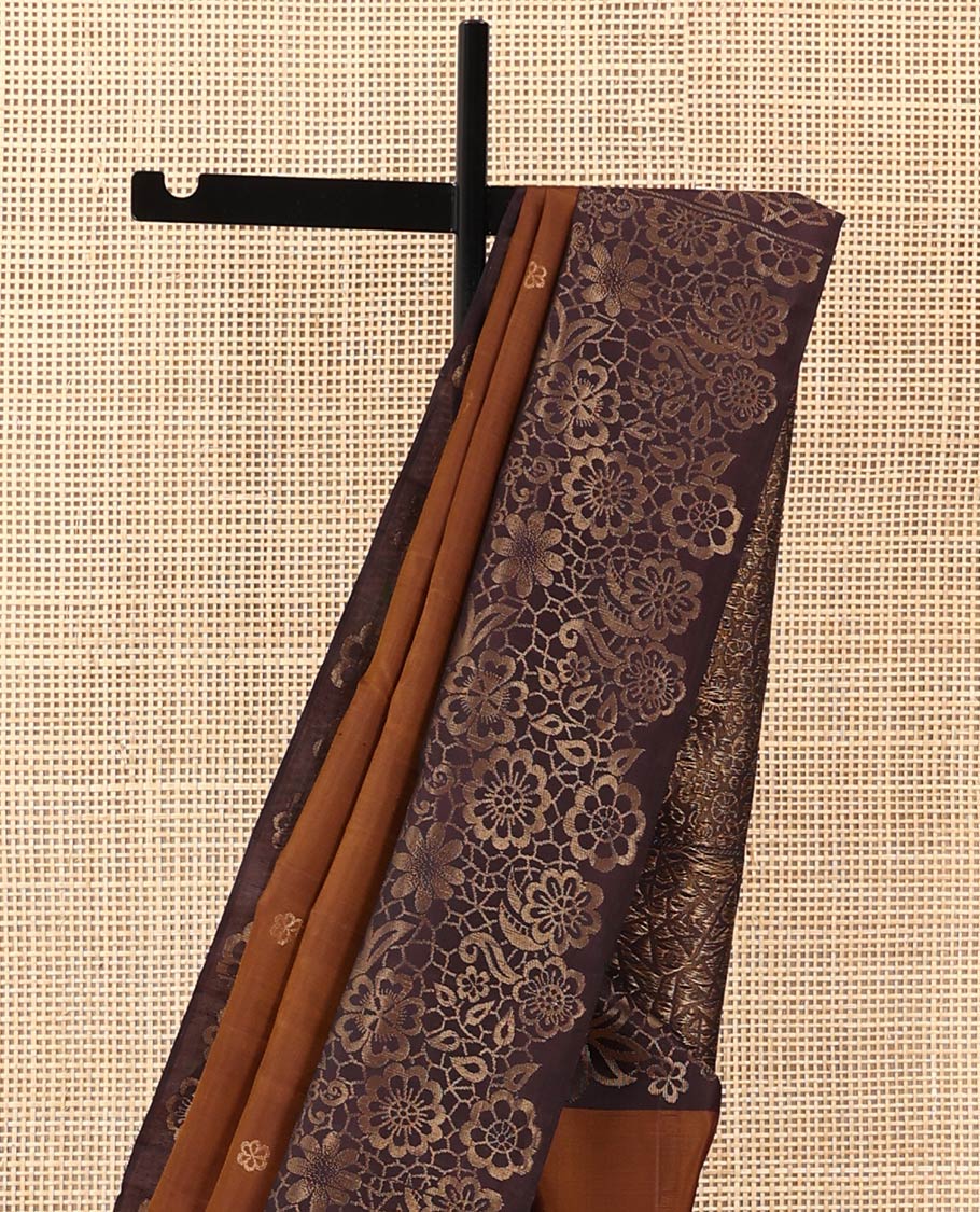Brown flower buttas soft silk saree, contrast border and pallu with zari woven floral and butterfly motifs