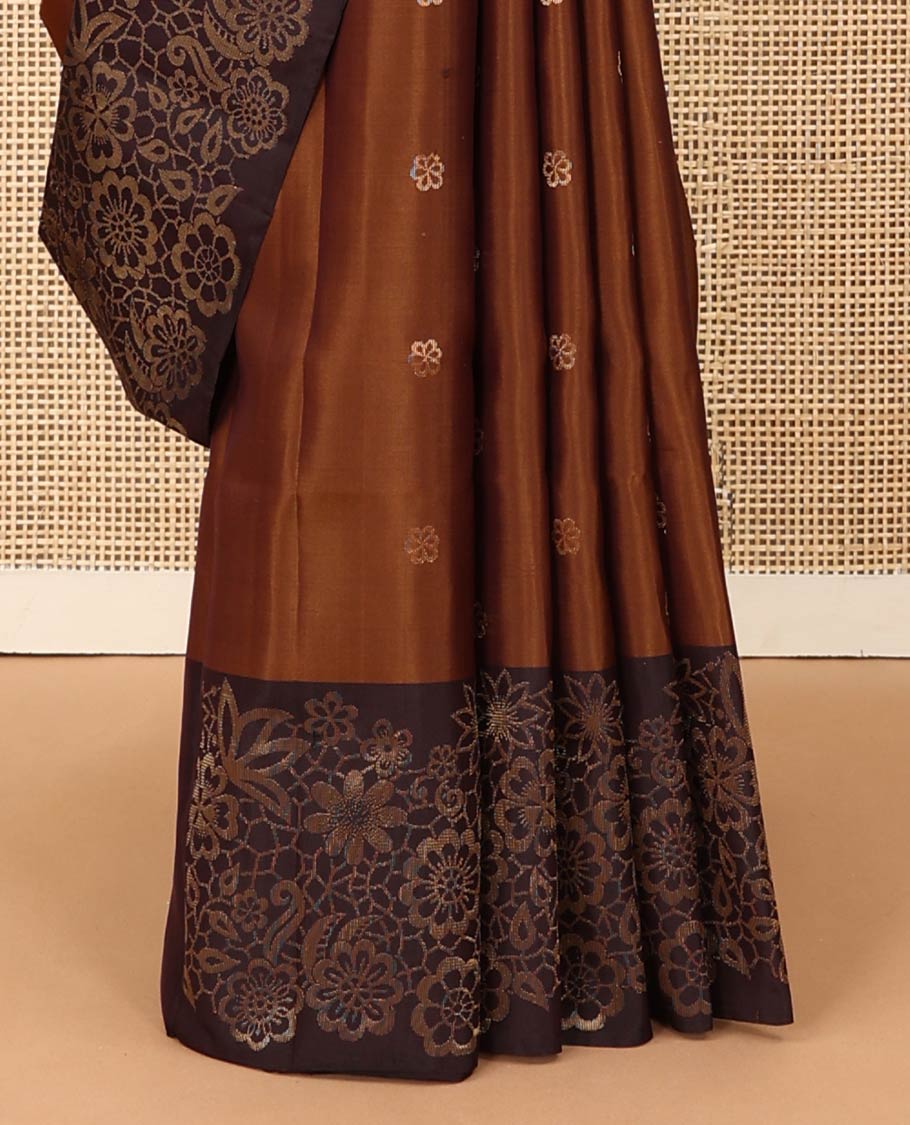 Brown flower buttas soft silk saree, contrast border and pallu with zari woven floral and butterfly motifs