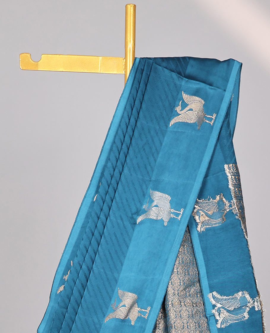 Blue striped mushru silk saree with animal motifs border & intricate jaal design pallu