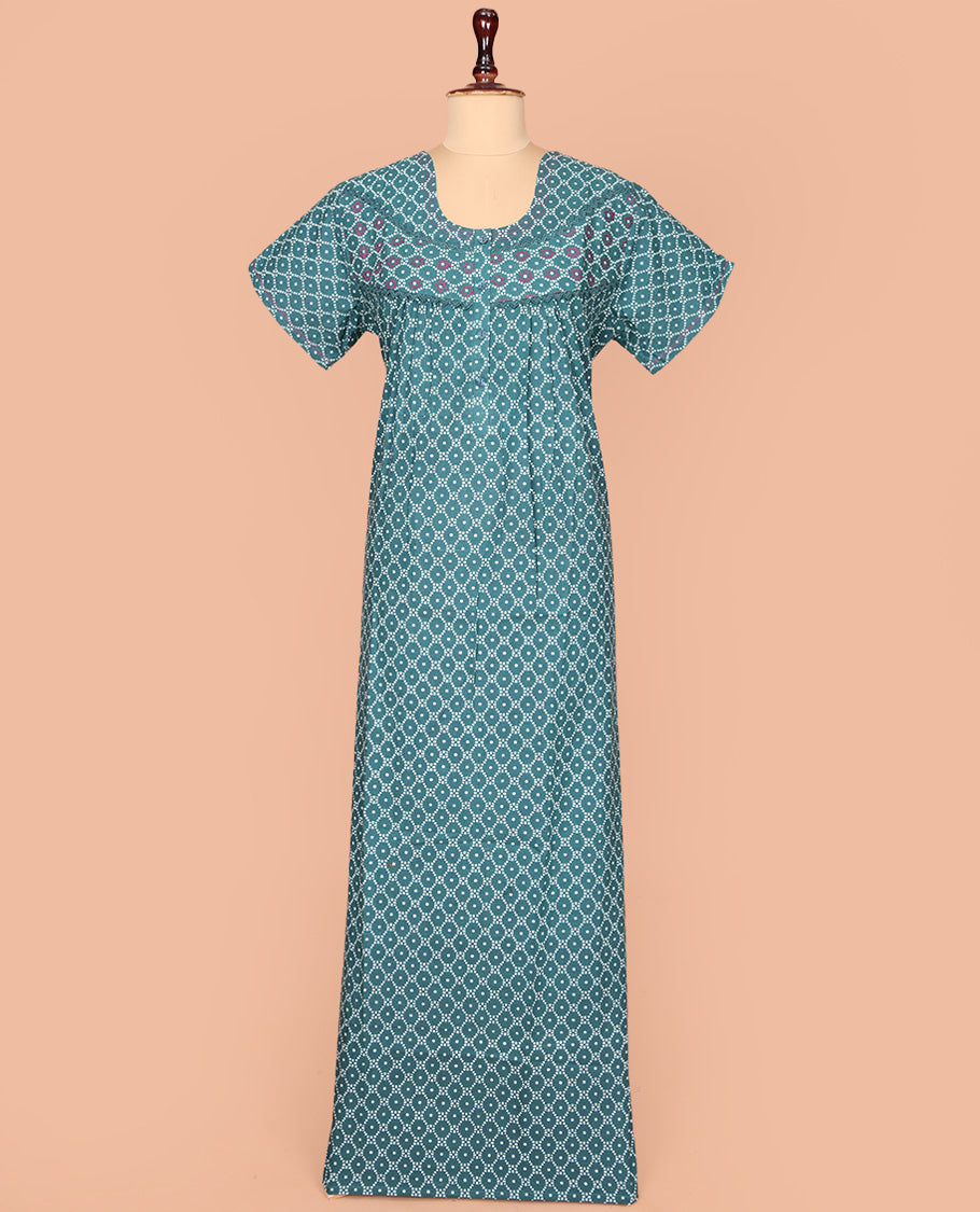 Green Cotton Nighty Decked Up with Ogee Patterns Print, Featuring Lace Work, Round Front Neck, and Half Sleeves