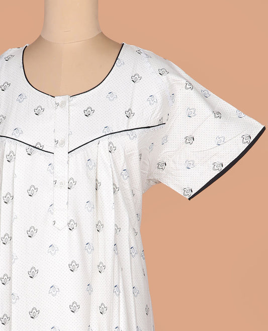 Cream floral and polka dots printed round necked half-sleeve nighty