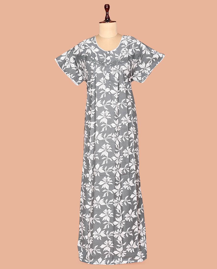 Grey Floral Print Cotton-Blended Nighty