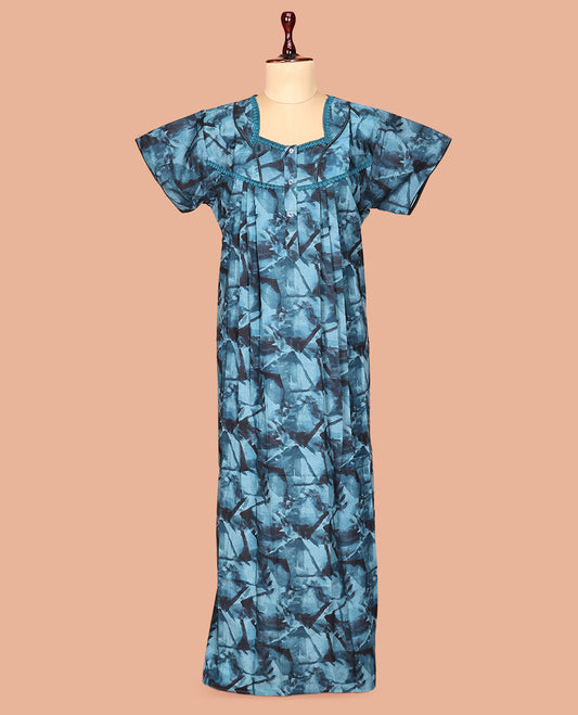 Blue Abstract Print Cotton-Blended Nighty