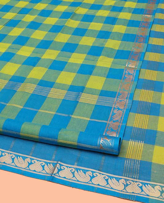 Multi-Color Nine-Yard Cotton Saree with Checks All Over Its Body, Subtly Woven Self-Border of Paisley and Bird Designs, Pallu of Stripes, and Comes Without a Blouse