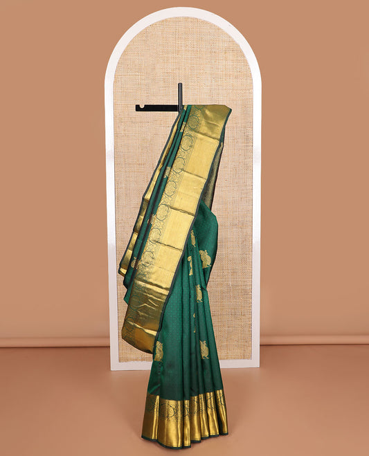 Dark green checked, mayil design silk saree with self border of thilakam mokku, muthu, paun, banaras design & zari desipgn pallu
