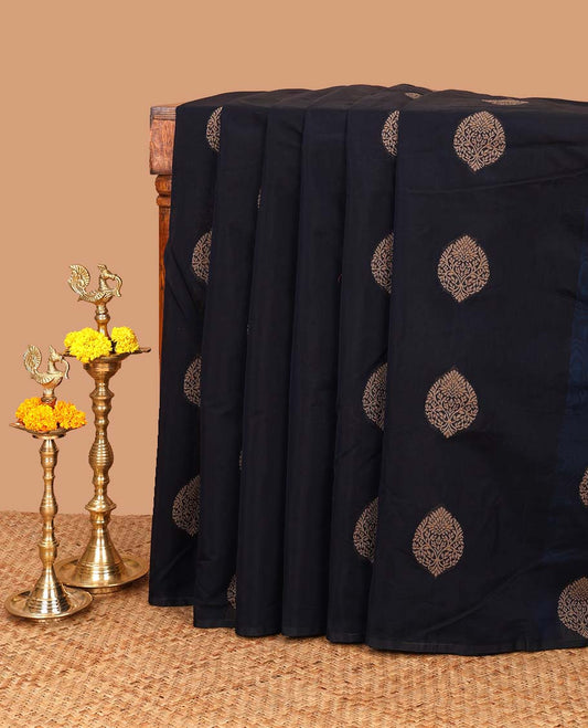 Borderless navy blue thread weaving butta silk cotton saree with rich thread weaving pallu along with plain blouse