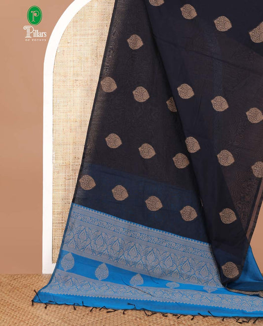 Borderless navy blue thread weaving butta silk cotton saree with rich thread weaving pallu along with plain blouse