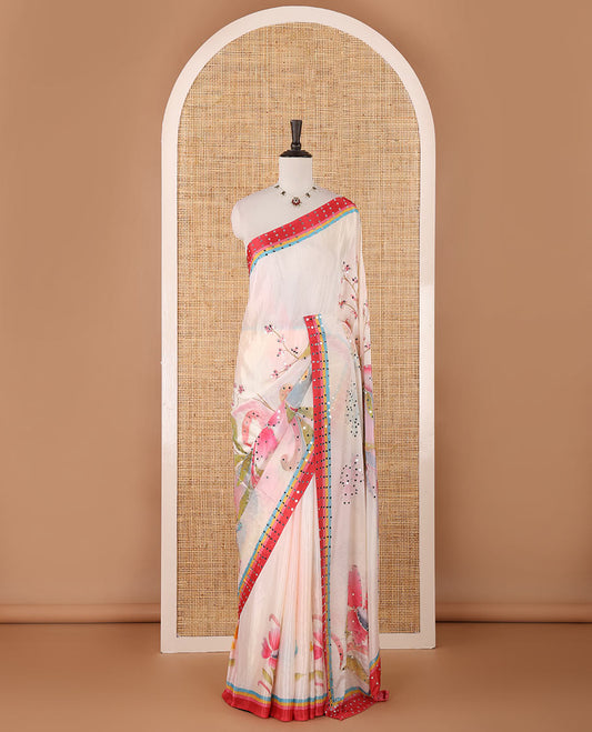 Cream floral printed, mirror work masakali saree with printed, mirror work border & printed pallu along with plain blouse