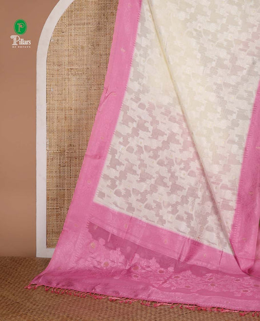 Cream with pink thread weaving, zari butta banaras brasso saree with contrast thread border & thread weaving pallu along with butta design blouse