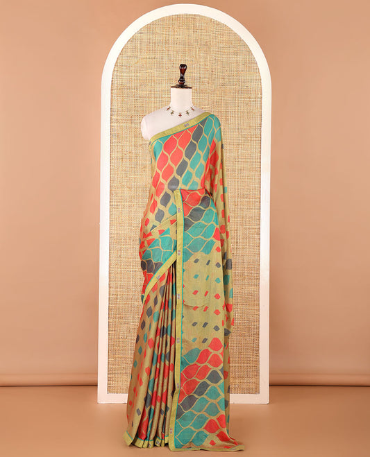 Parrot green digital print chiffon shimmer saree with lace border & self pallu along with printed blouse