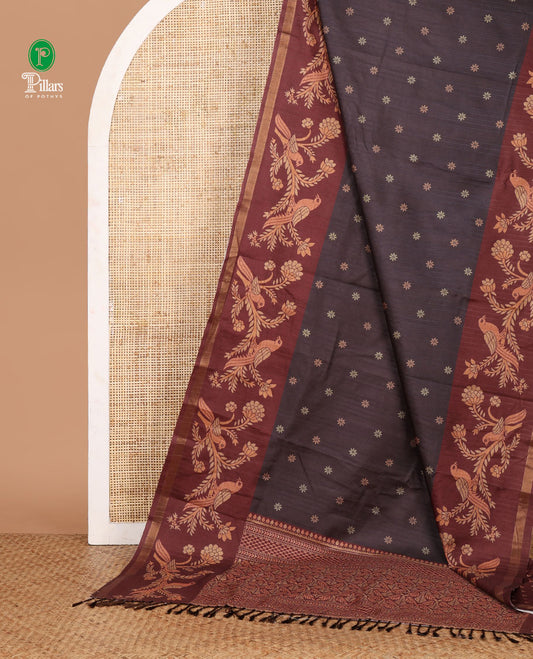 Black flower motifs katan silk saree, contrast floral vine & bird printed border & geometric & argyle printed pallu