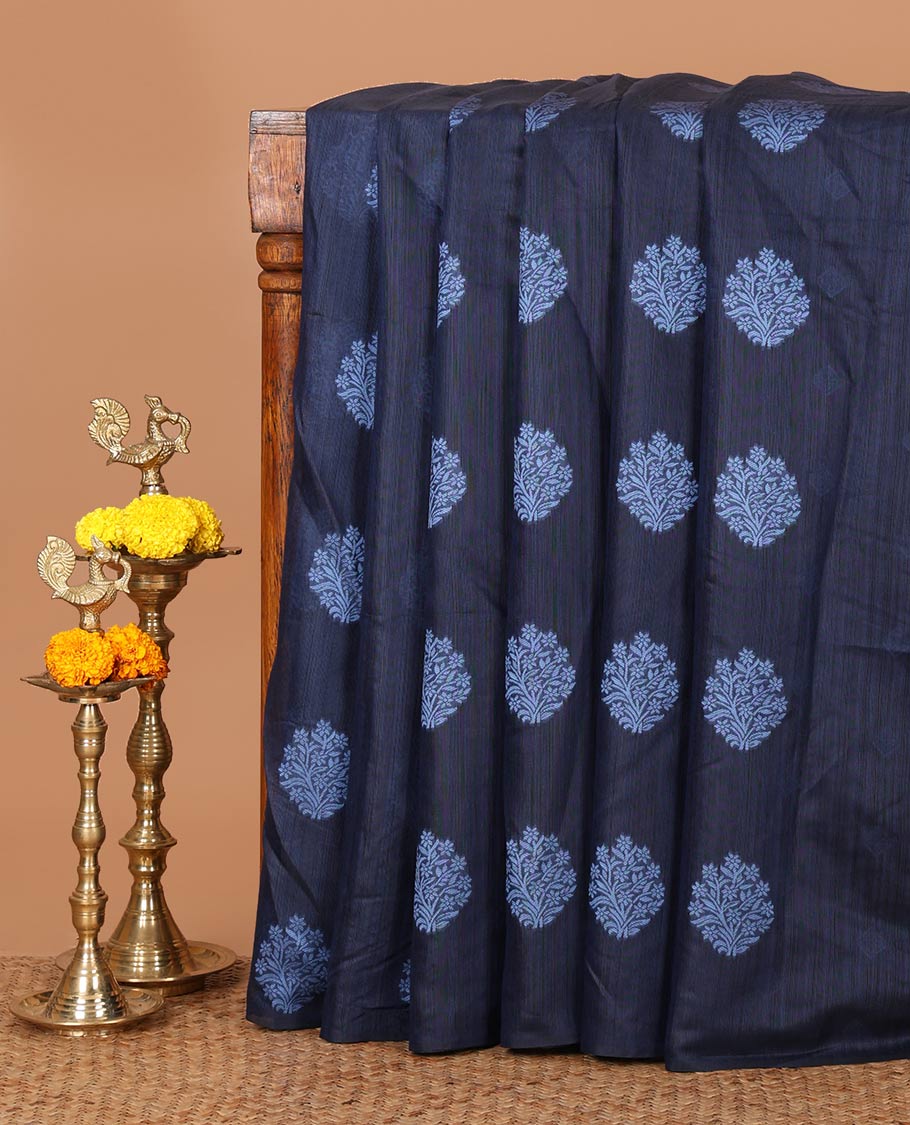 Borderless navy blue banaras jute silk saree with floral thread buttas woven all over it's body, intricate pallu & butta design blouse
