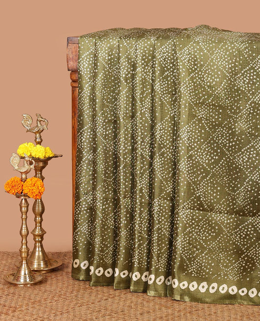 Olive green Bandhani-style printed khadi cotton saree, printed border & colorful madhubani-style printed pallu