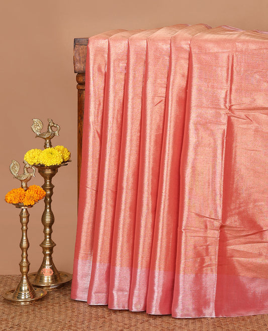 Rani pink plain tissue silk saree, silver zari bavanji border & contrast gleaming golden color plain blouse