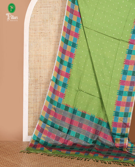 Green zari buttas Kathan silk saree, contrast border & pallu of multi-color checks & temple design, blouse of multi-color checks & buttas