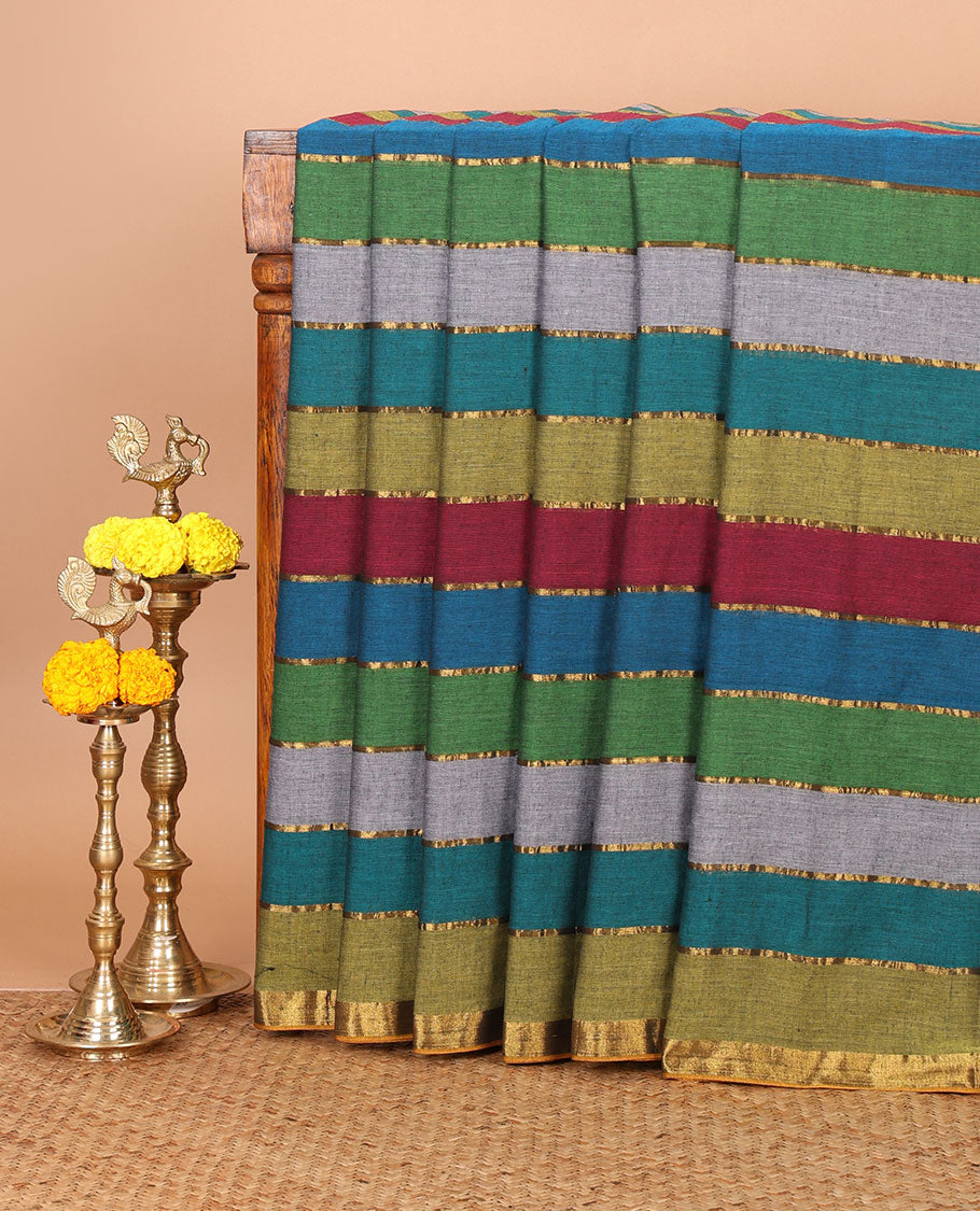 Multi-color striped khadi cotton saree, zari piping border, multi-color tassels pallu & colorful striped blouse