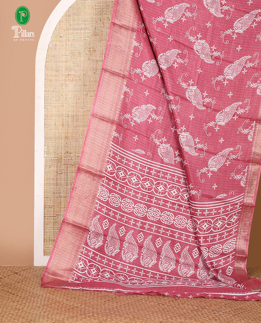 Onion pink zari stripes & floral motifs printed dola silk saree, traditional zari border, printed pallu & small butta printed blouse
