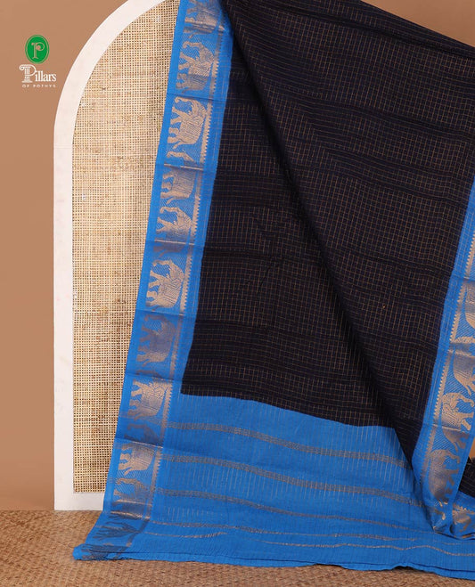 Navy blue zari checked sungudi cotton saree, contrast temple & elephant motifs border, zari striped pallu & zari design contrast blouse
