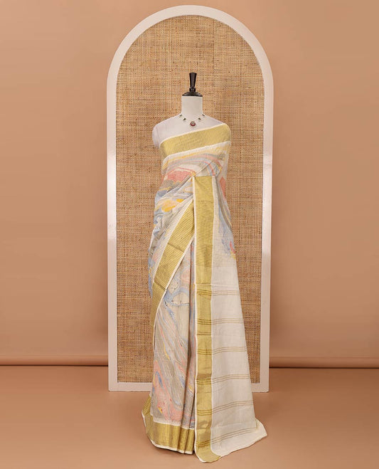 Cream-base stripes & abstract printed sungudi cotton saree, gold zari border, striped pallu & matching striped blouse