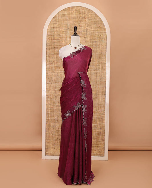 Wine full-plain Fendi chiffon saree, scallop butterfly-style Swarovski stone work border & stone work matching blouse