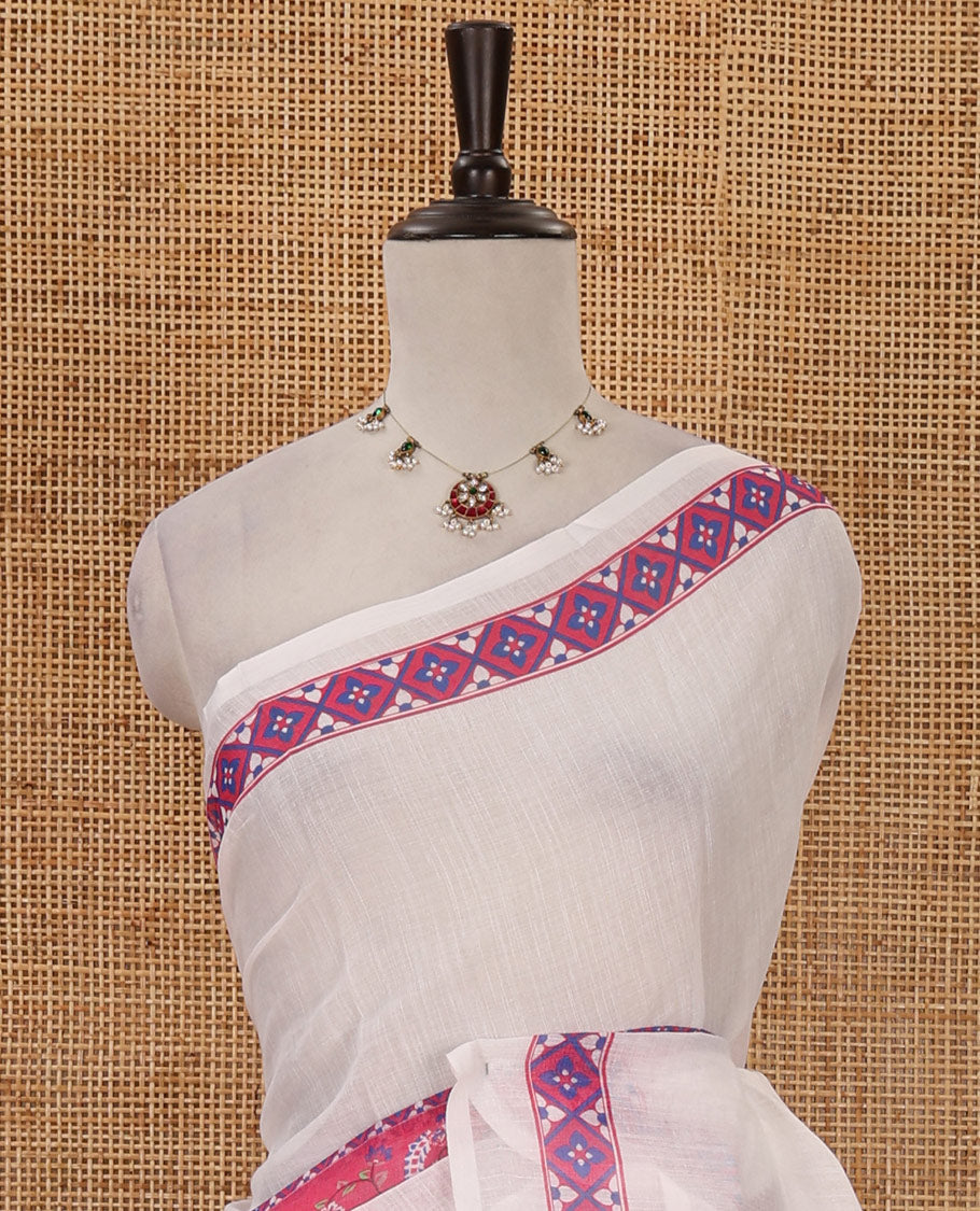 White half-plain & half-printed linen cotton saree, pink-color diamond-patterned border, kalamkari-style flora-fauna printed pallu & diamond jaal printed blouse