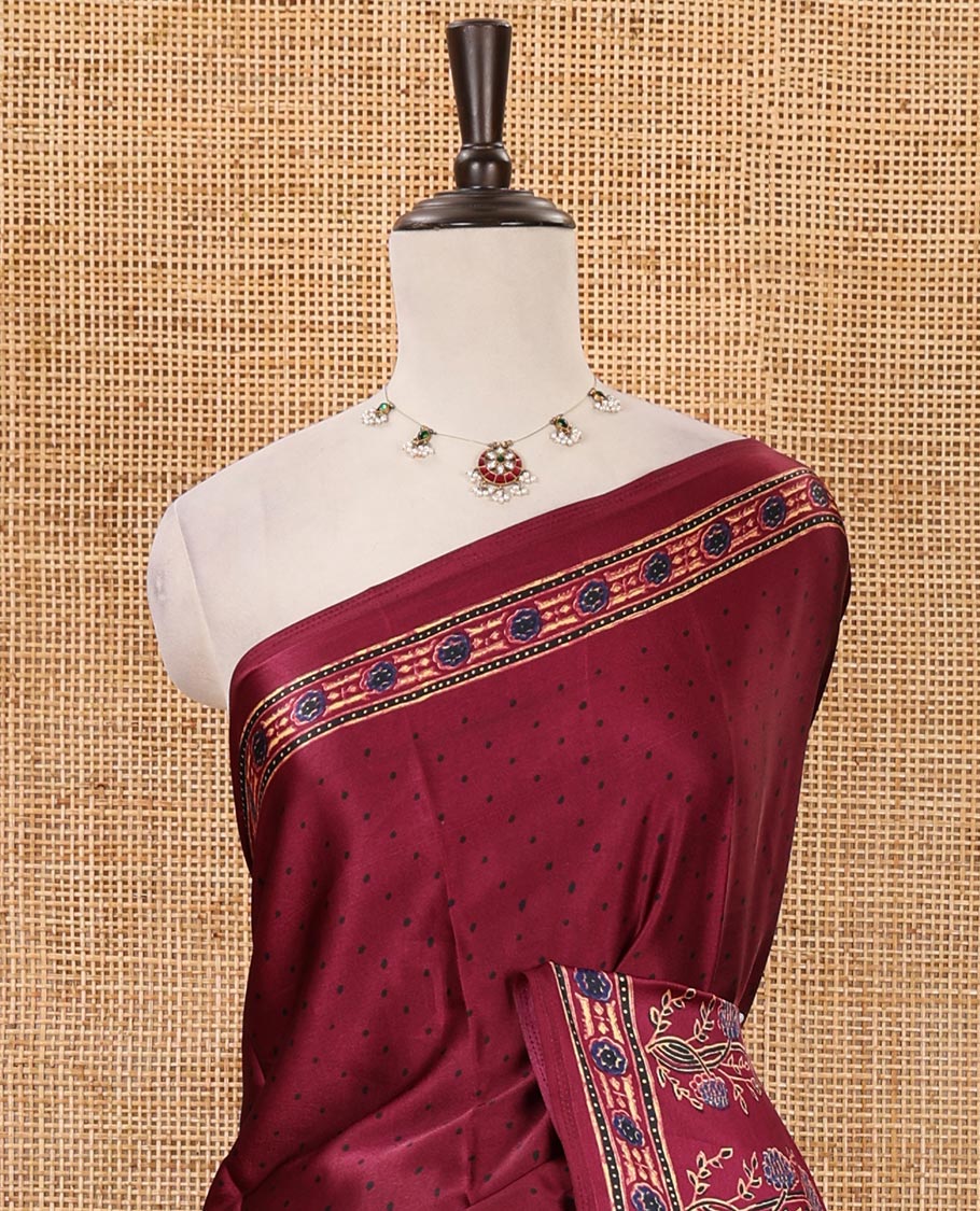 Purple handblock-style dots & floral digital printed skirt-border gajji silk saree, floral-geometric print pallu & matching chevron printed blouse