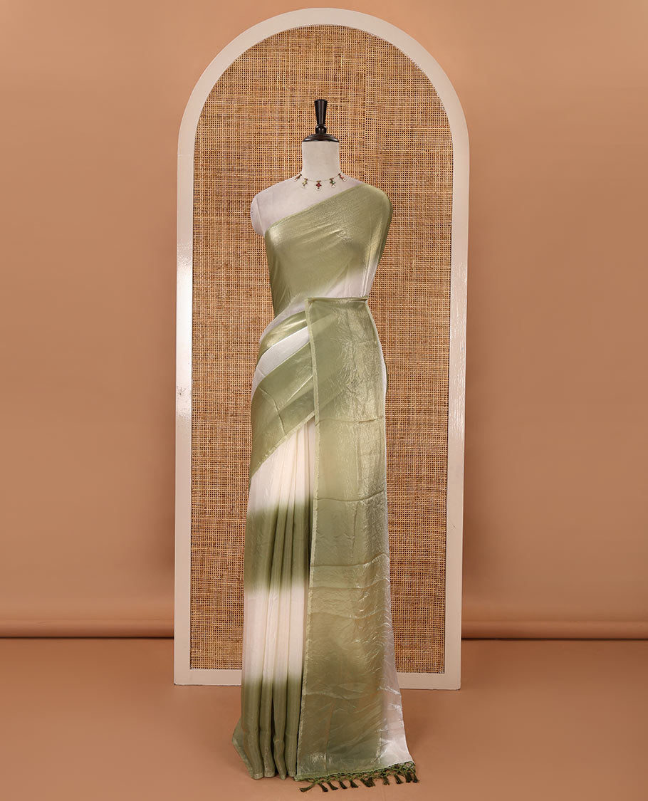Borderless green tie-dye-style printed fendy satin saree, self-pallu with tassels & plain blouse