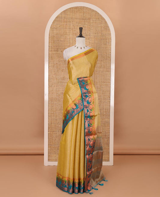Gold plain tissue saree, contrast floral creeper & diamond patterned zari border, striped pallu & contrast plain blouse