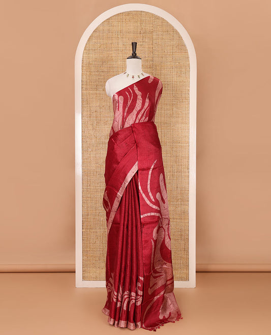 Borderless rani pink batik-style abstract vines printed khadi cotton saree, matching plain blouse