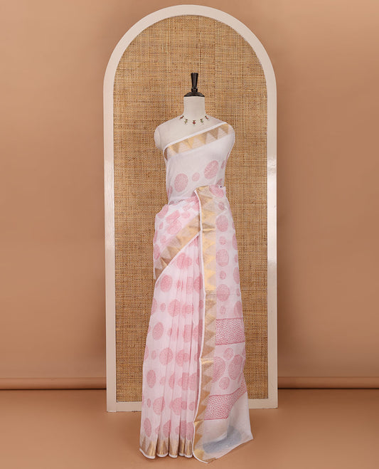 White-red circular motifs printed mercerised cotton saree, temple zari border, circular motifs printed pallu & matching zari border blouse