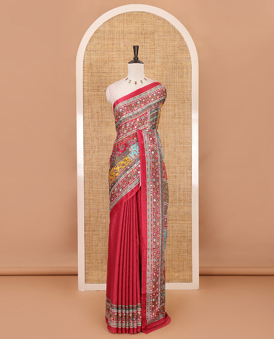 Rani pink geometric patterns kaleidoscope-colored printed & mirror embroidered half-&-half masakali saree, printed border & pallu of  embroidery work & plain blouse