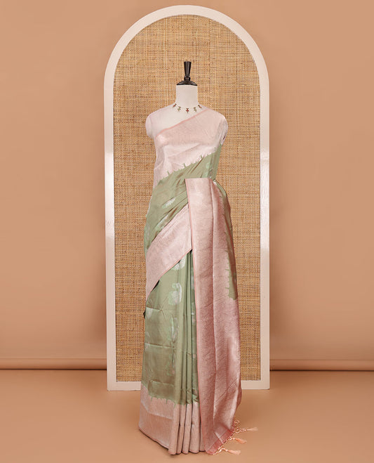 Pista green silver zari manga buttas Elite soft silk saree, contrast traditional zari border, intricate zari pallu & contrast zari buttas blouse