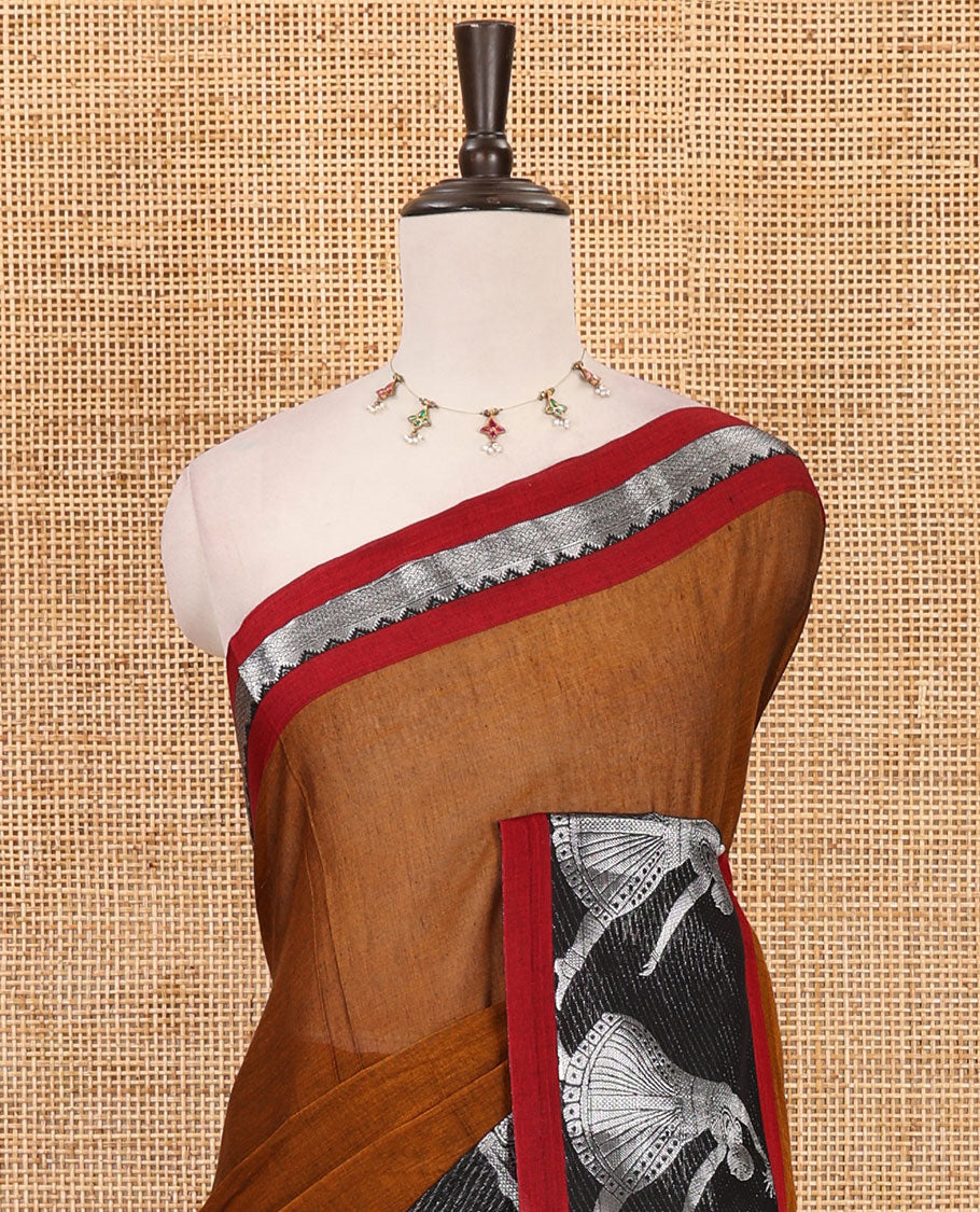 Honey full-plain Mercerised cotton saree, contrast sliver zari Dancing Bharatanatyam girl motifs woven border, striped pallu & plain blouse