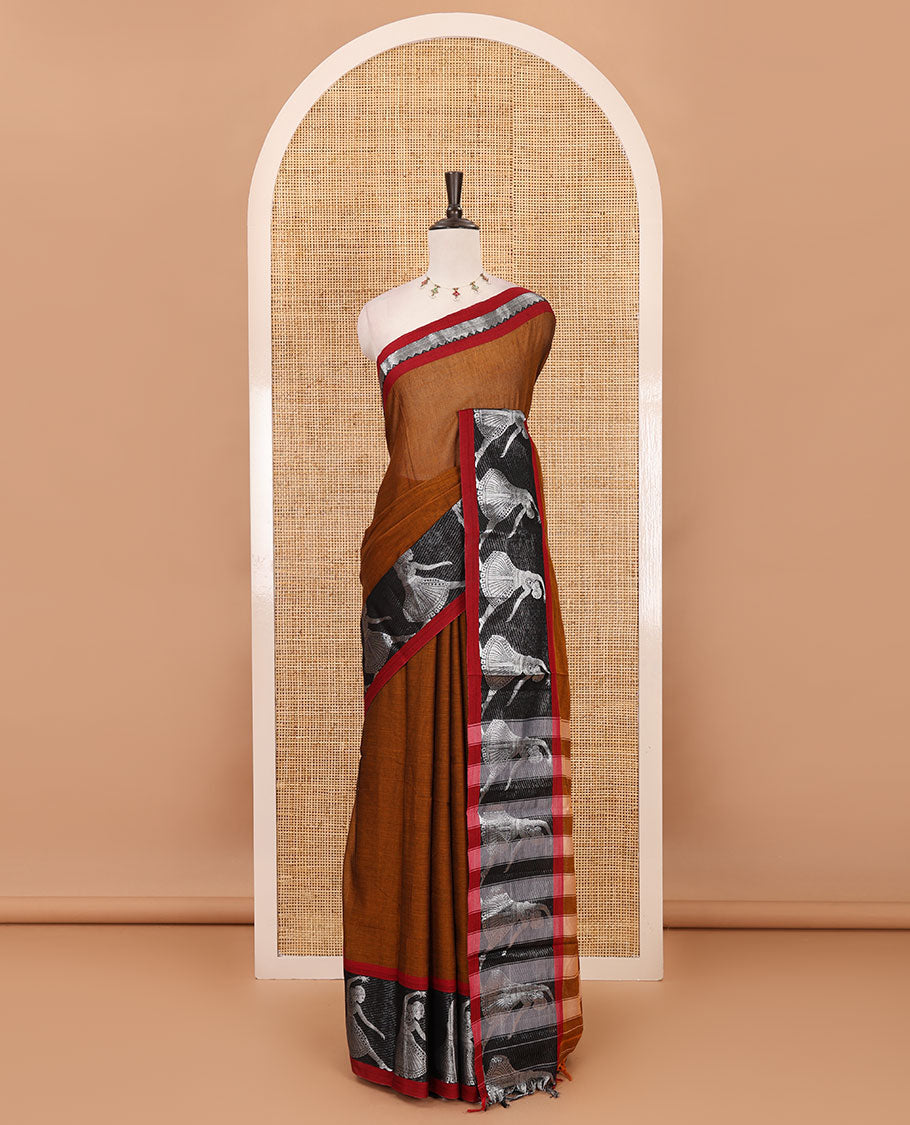 Honey full-plain Mercerised cotton saree, contrast sliver zari Dancing Bharatanatyam girl motifs woven border, striped pallu & plain blouse