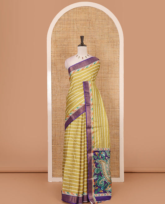 Mehendi green shibori-style printed soft-tussar saree, contrast zari border, kalamkari peacock printed pallu & kalamkari floral vine print contrast blouse