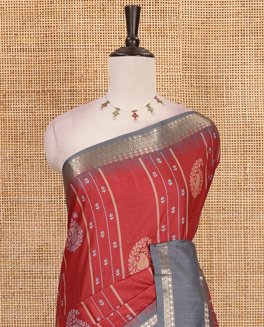 Maroon floral, manga and striped katan silk saree, contrast rettai pettu temple border of diamond and Greek key design, jaal pallu, and contrast printed blouse