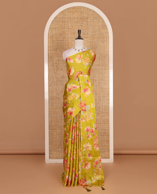 Borderless green lily style floral motifs digital printed nara chiffon saree, contrast plain blouse
