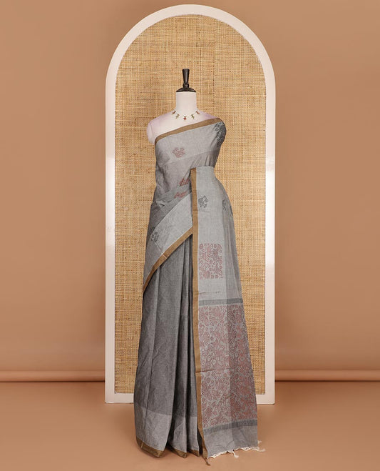 Grey bird motifs printed Handloom cotton saree, contrast piping border, pallu of bird motifs print, and a matching blouse