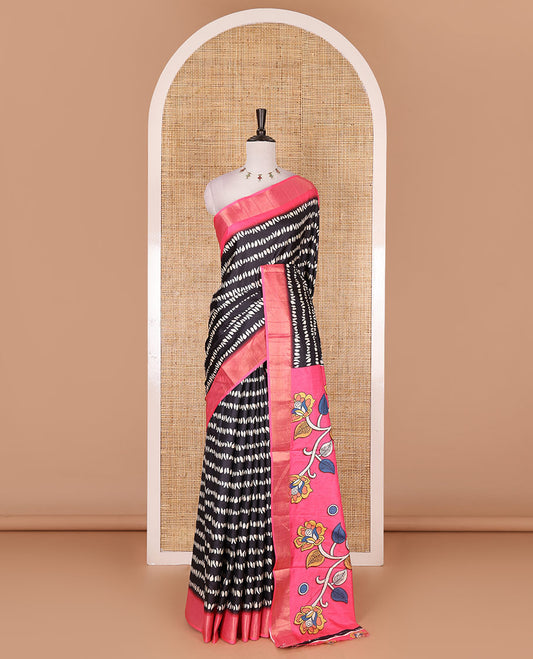 Black geometric patterns printed soft tussar saree, contrast bavanji border, kalamkari floral vine printed pallu, and printed blouse