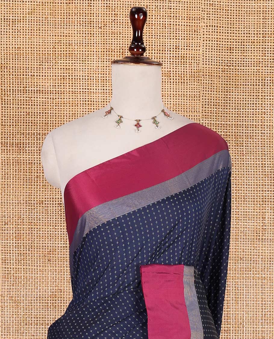 Navy blue-pink plus-shaped buttas steeped semi-soft silk saree, contrast satin border of stripes, striped pallu, and contrast blouse