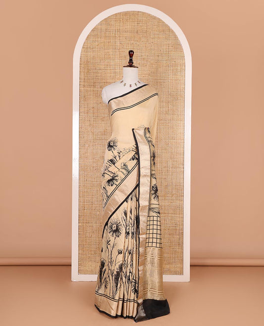 Chikku sunflower floral printed assam cotton saree, zari border of traditional motifs, striped pallu, and contrast blouse