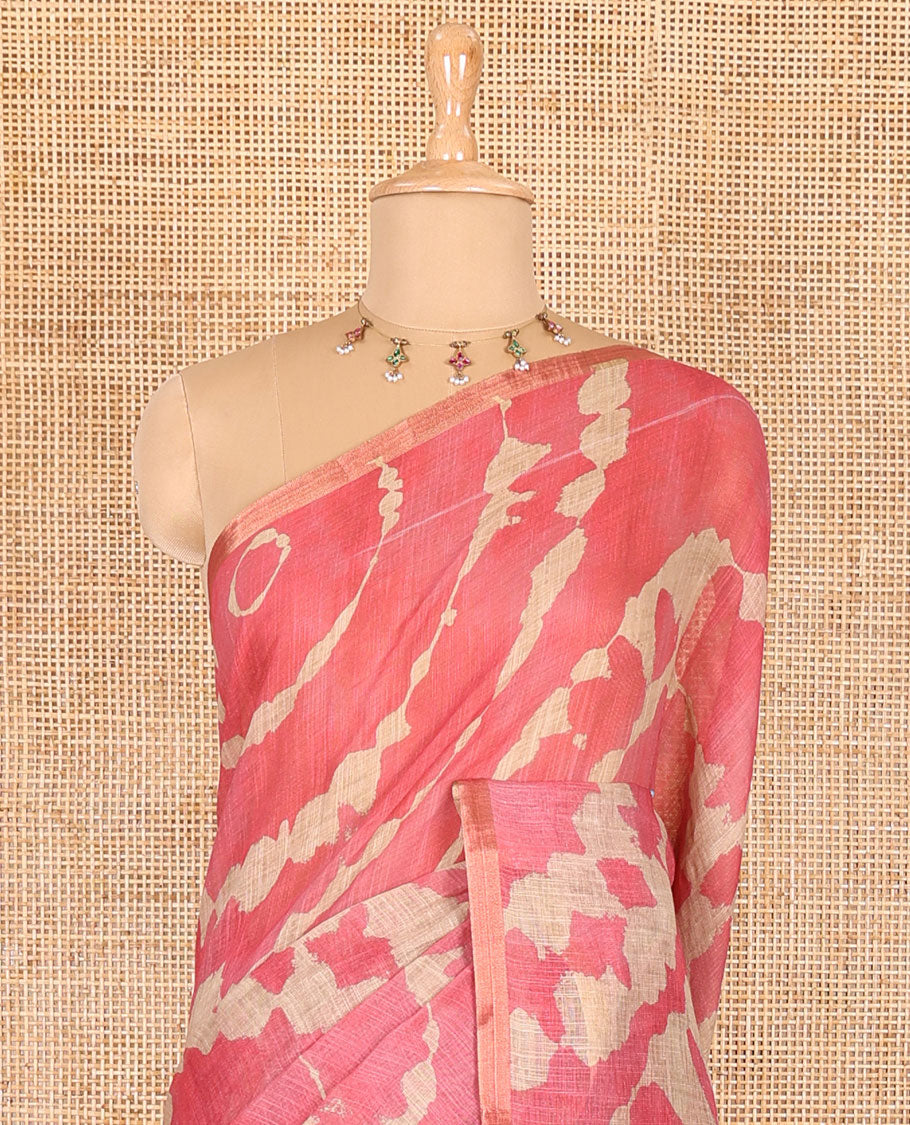 Borderless tomato pink batik printed linen cotton saree, hand brush painting style floral vine printed pallu, and contrast floral printed blouse