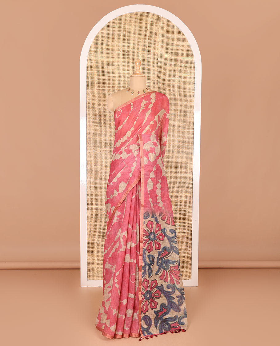 Borderless tomato pink batik printed linen cotton saree, hand brush painting style floral vine printed pallu, and contrast floral printed blouse