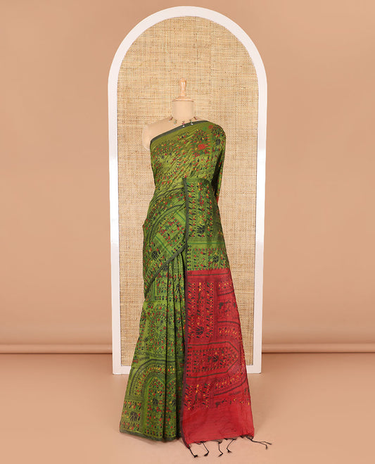 Borderless olive green and pink Warli village printed khadi mul cotton saree, contrast Warli motifs printed pallu, and a plain blouse