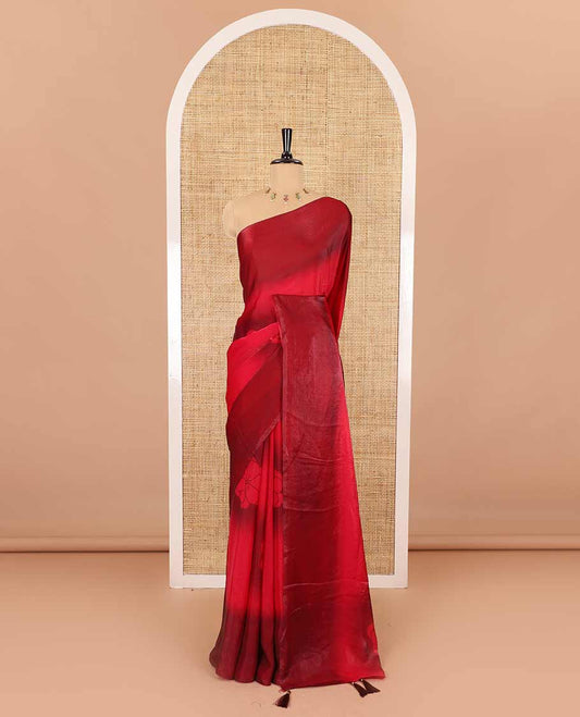 Borderless pink floral motifs printed fendy satin saree with a self-pallu and a matching blouse